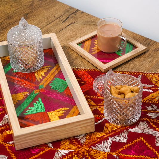 PHULKARI TRAY WITH COASTERS – HERITAGE IN EVERY THREAD