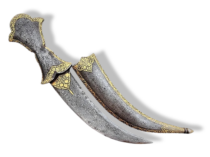 Damascus Steel Dagger with Gold Damascened Sheath and Hilt