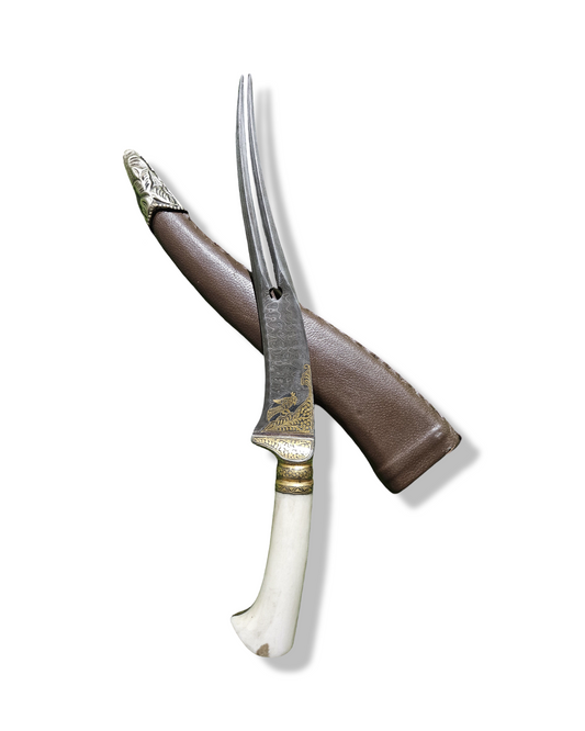 Gold Koftgari Damascus Khanjar with 2 Pronged Blade